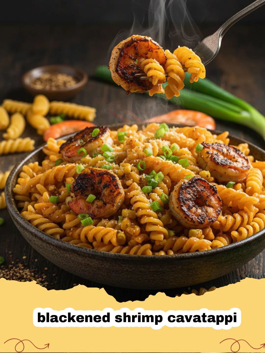 A plate of creamy blackened shrimp cavatappi pasta, garnished with fresh parsley.