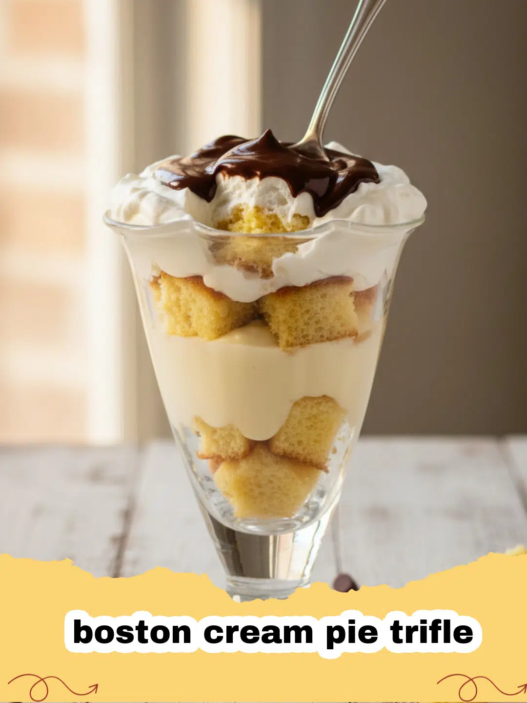 boston cream pie trifle - A beautiful Boston Cream Pie Trifle layered with vanilla cake, creamy pudding, and chocolate ganache, garnished with fresh berries.