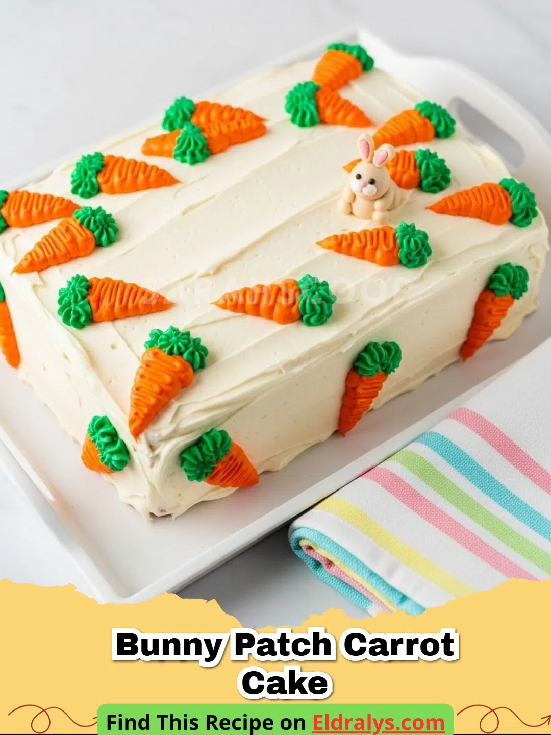 A decorated Bunny Patch Carrot Cake with chocolate cookie dirt and frosting carrots.