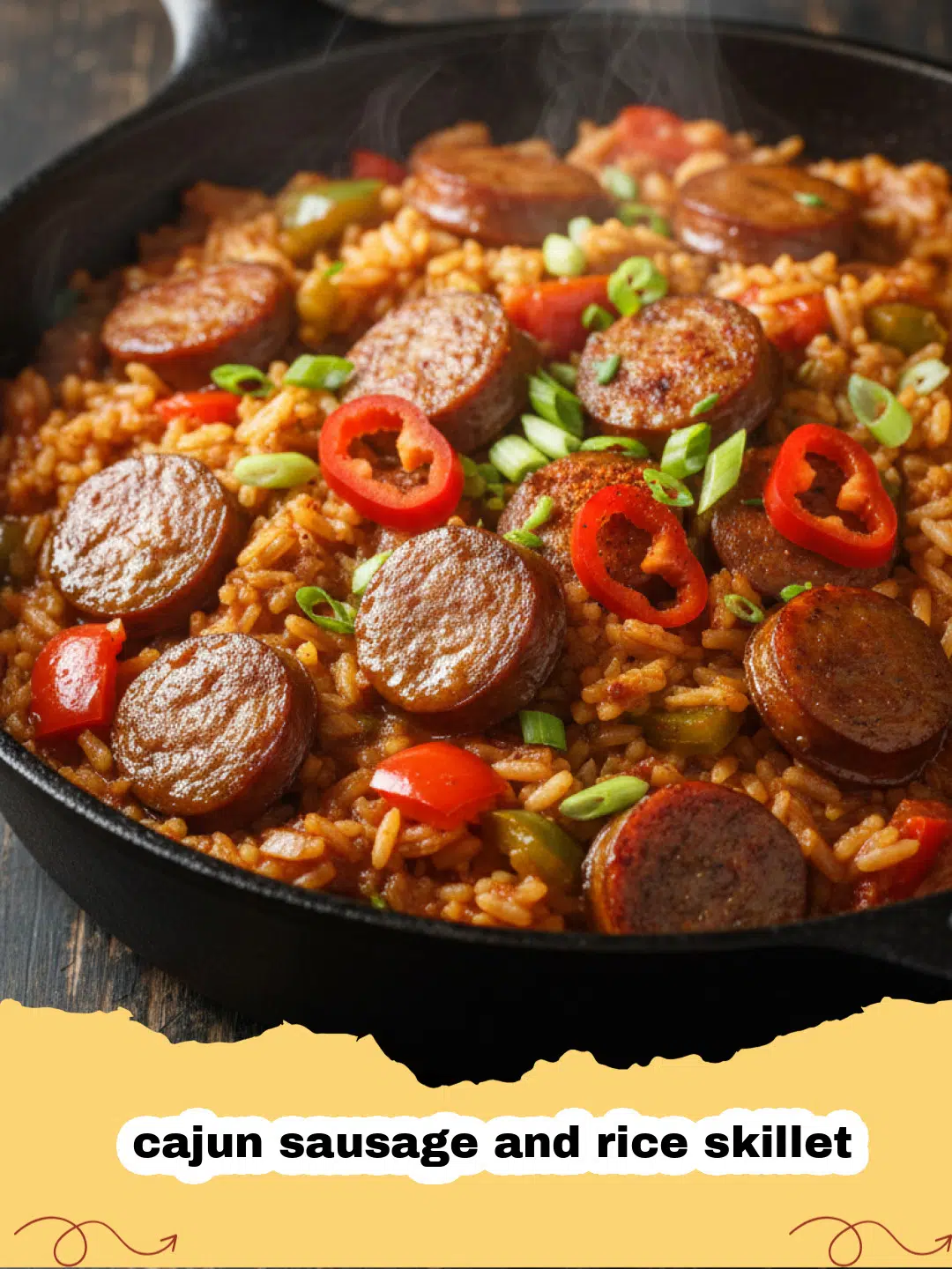 cajun sausage and rice skillet - Close-up of a hearty Cajun Sausage and Rice Skillet garnished with green onions, showcasing smoky sausage and fluffy rice.