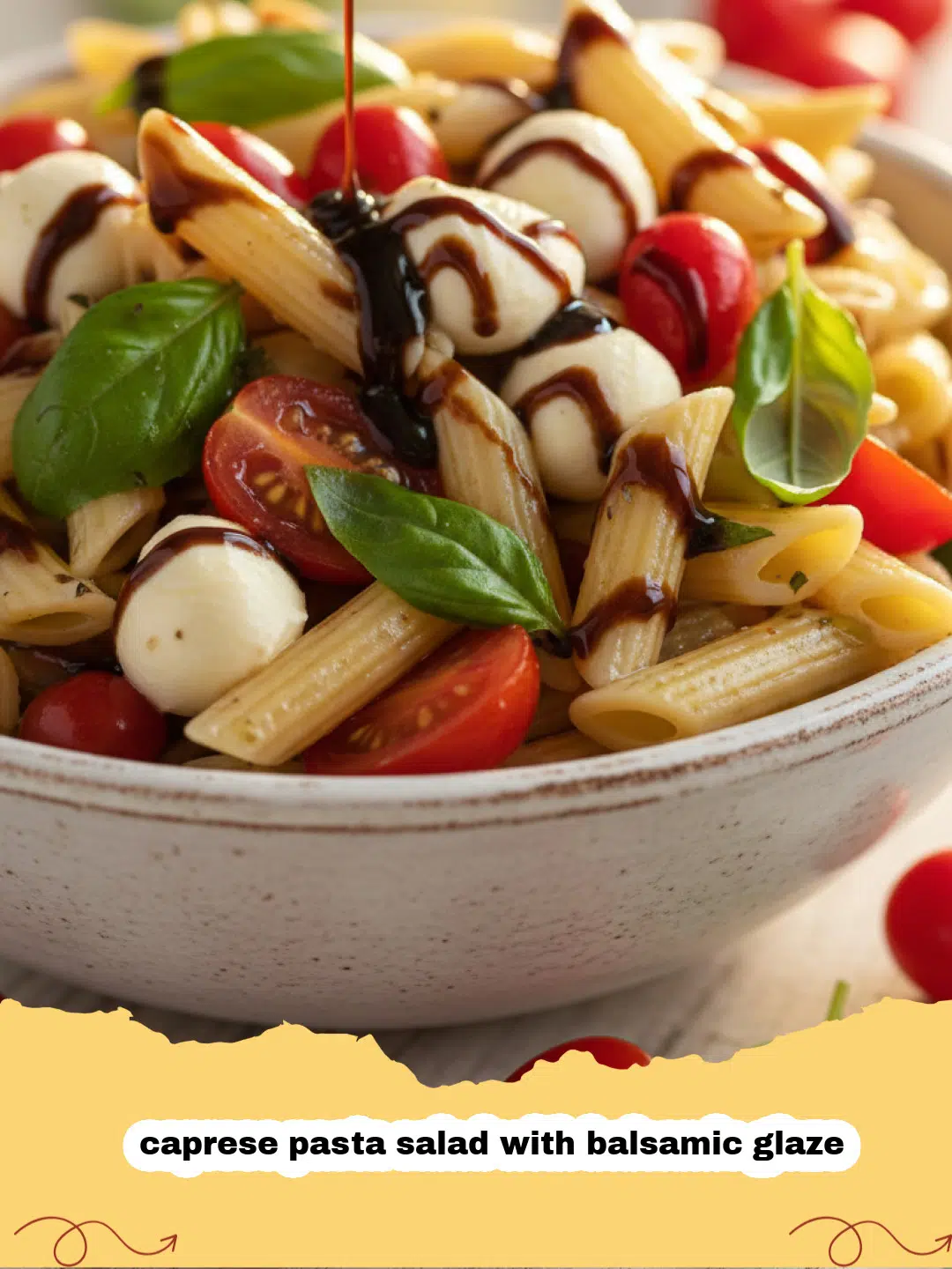 caprese pasta salad with balsamic glaze - Fresh Caprese Pasta Salad with Balsamic Glaze in a large white bowl, garnished with basil.