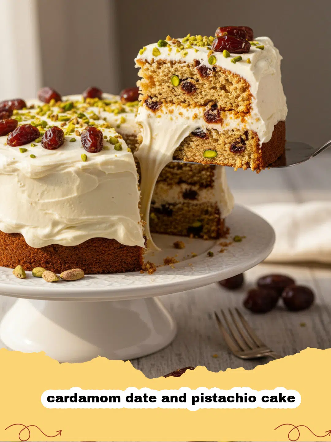 A slice of cardamom date and pistachio cake on a plate, with a whole cake in the background, garnished with pistachios and a white glaze.