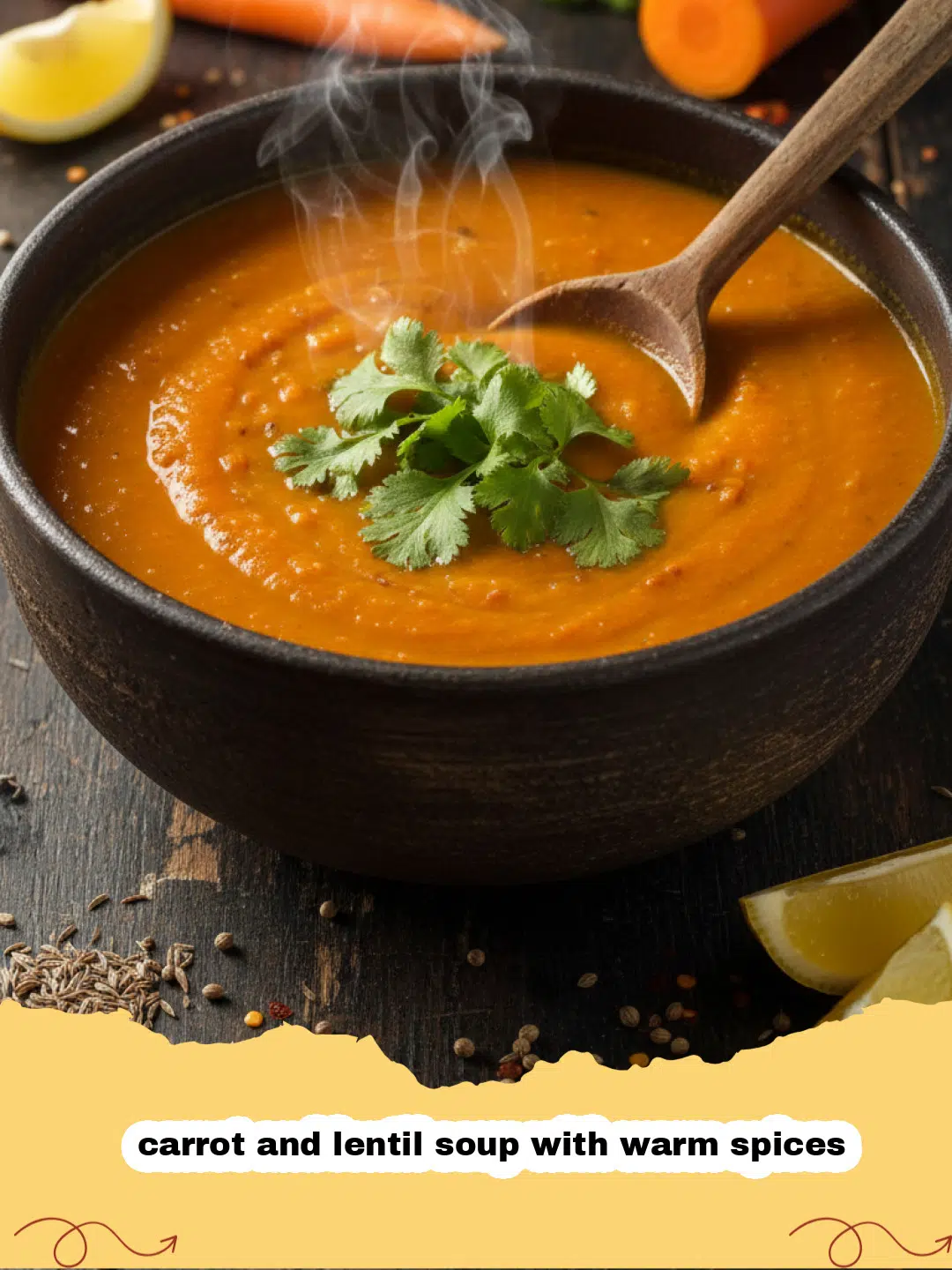 A bowl of vibrant orange carrot and lentil soup with warm spices garnished with cilantro.
