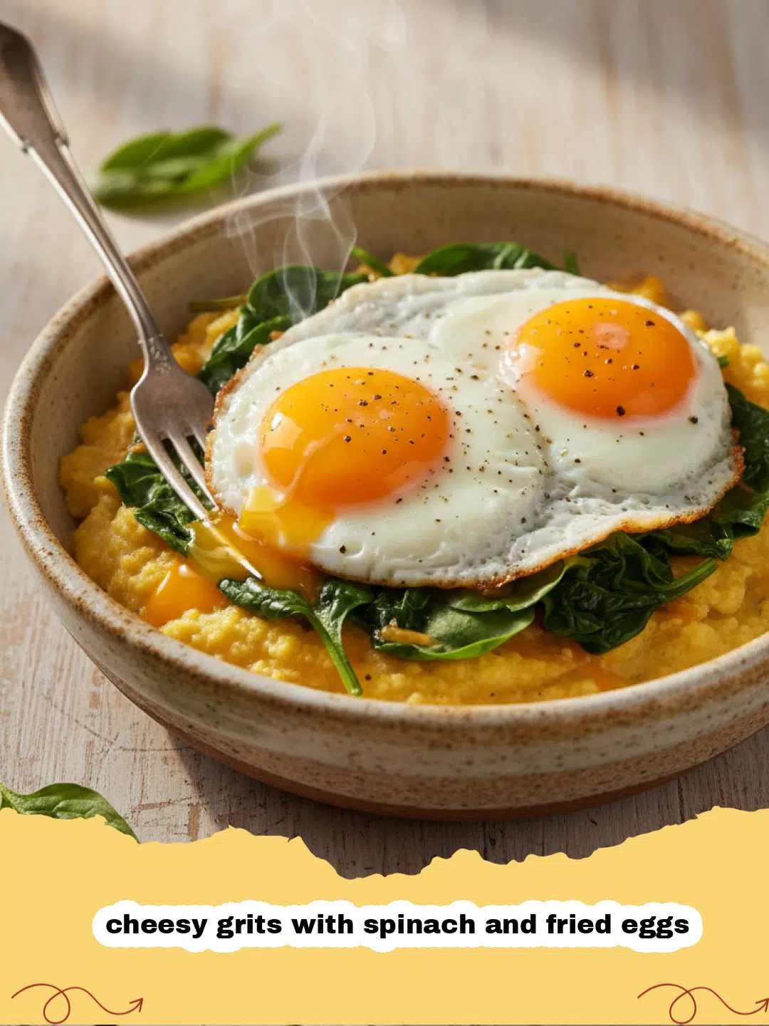 cheesy grits with spinach and fried eggs - A close-up shot of creamy cheesy grits topped with vibrant sautéed spinach and a perfectly fried egg with a runny yolk, ready to be served.