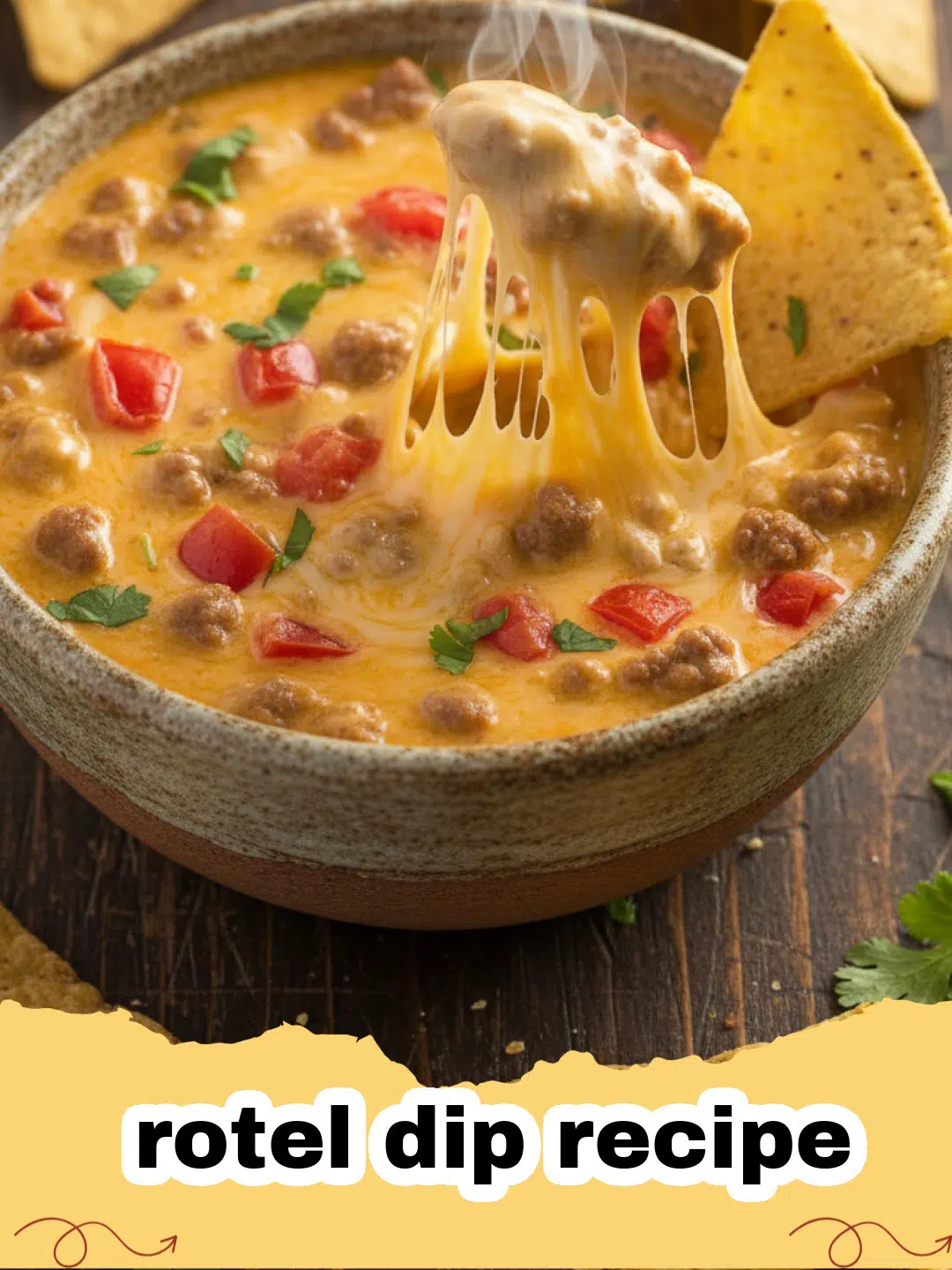 rotel dip recipe - Close-up of a bubbling, creamy Rotel dip with sausage and melted cheese, served in a slow cooker with tortilla chips in the foreground.