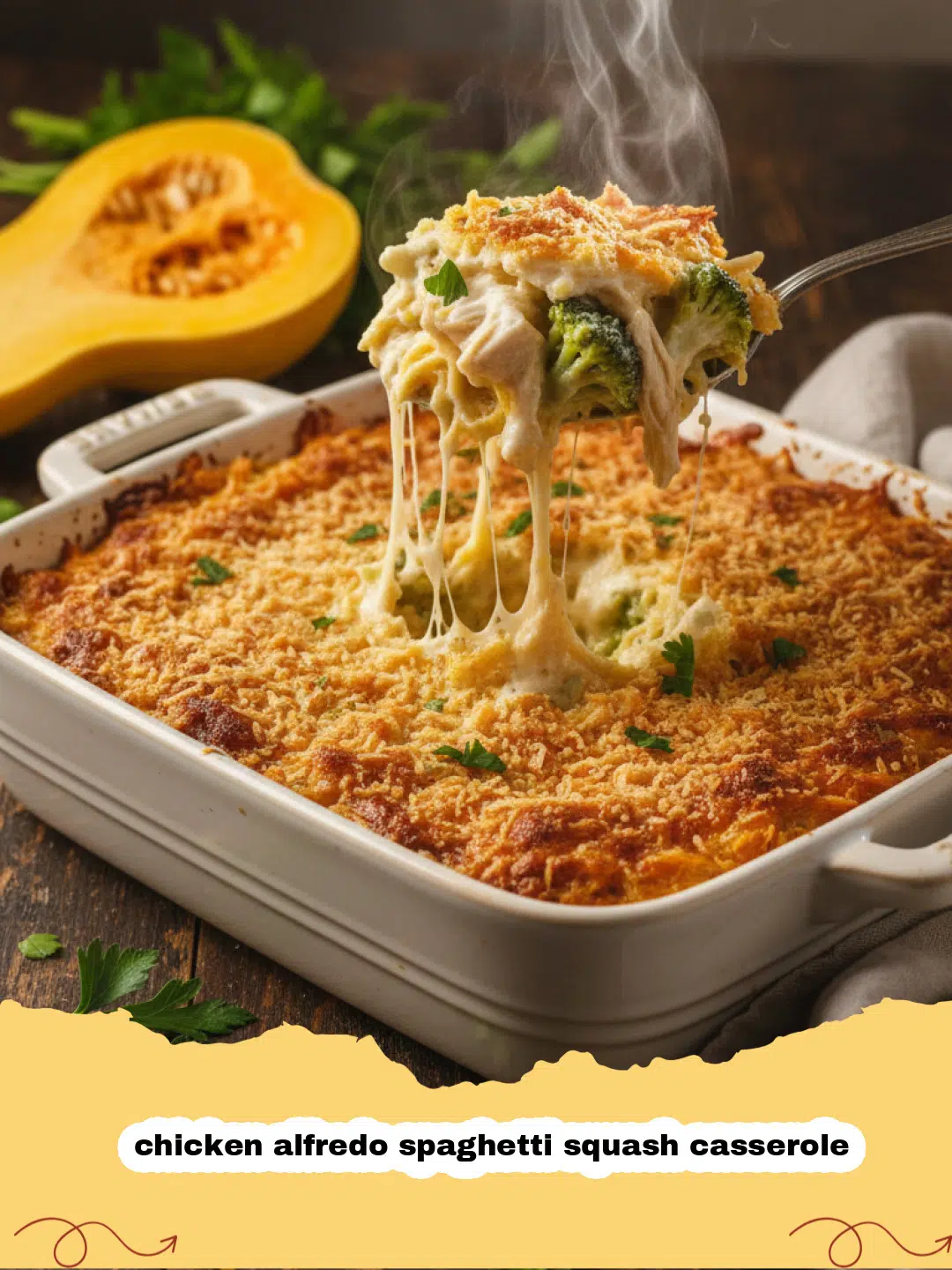 A golden brown chicken alfredo spaghetti squash casserole in a baking dish, garnished with fresh parsley.