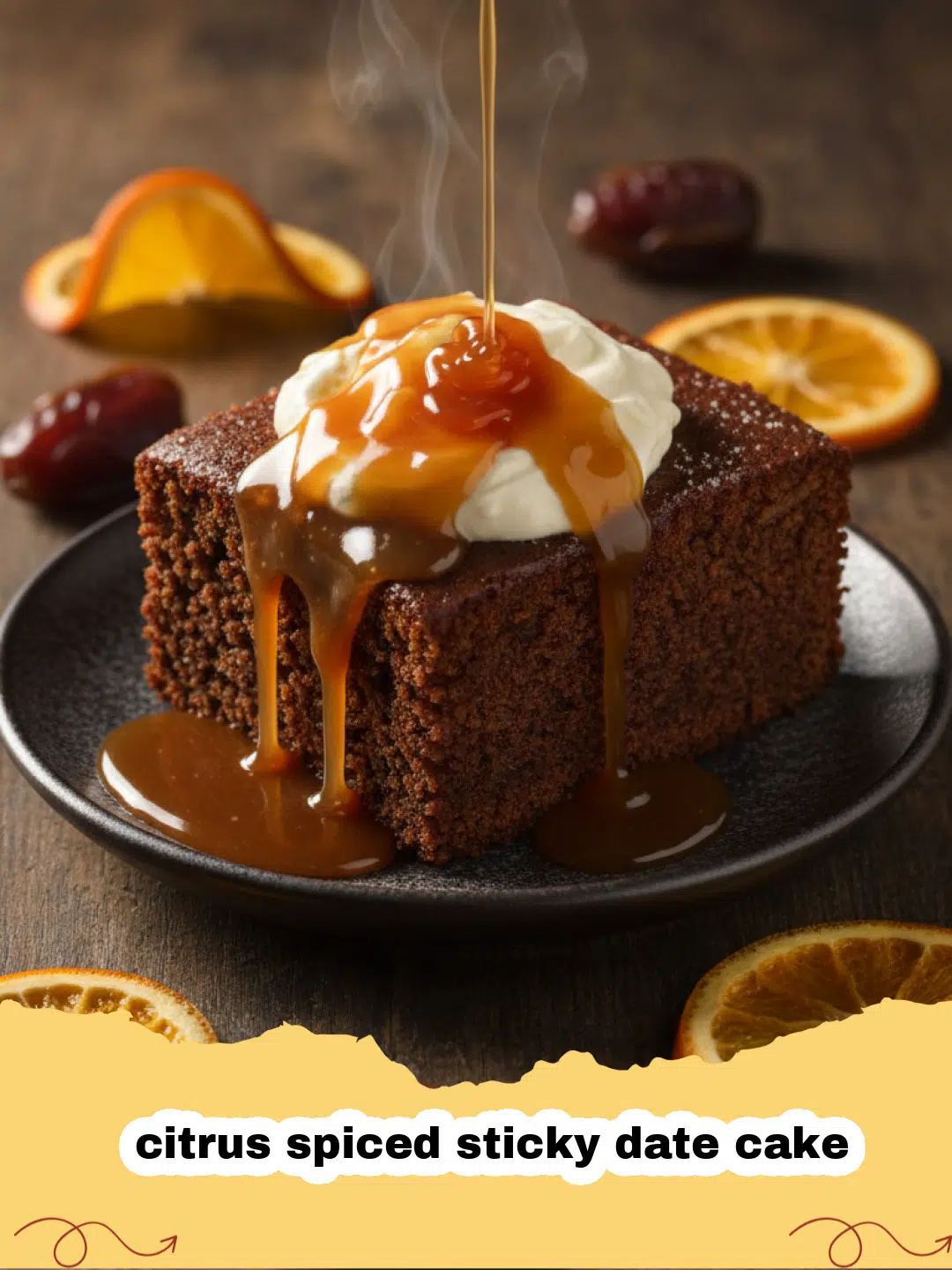 A close-up of a slice of citrus spiced sticky date cake drizzled with toffee sauce and garnished with orange zest.