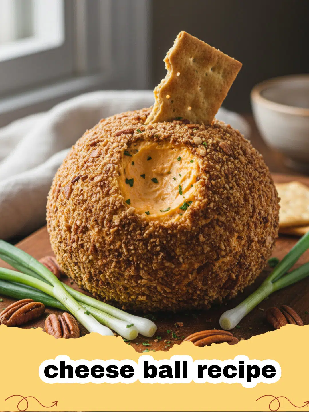 cheese ball recipe - A perfectly shaped cheese ball coated in chopped pecans, served on a white platter with an assortment of crackers and grapes.