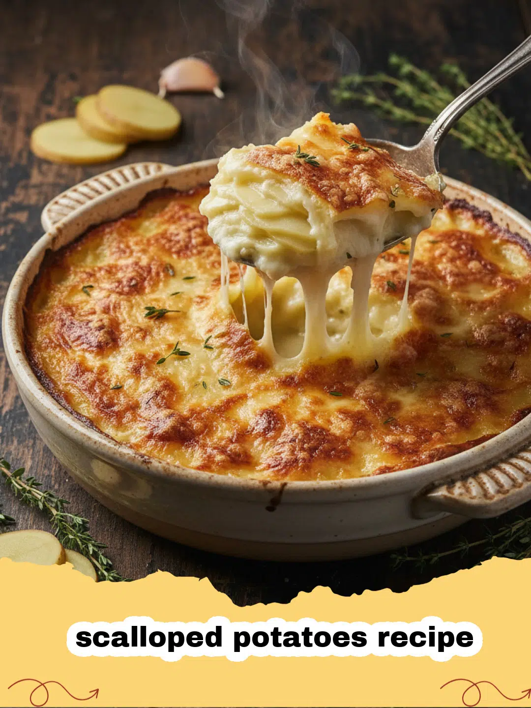scalloped potatoes recipe - Close-up of golden brown, bubbly scalloped potatoes in a white baking dish, showing creamy layers of potato and melted cheese.
