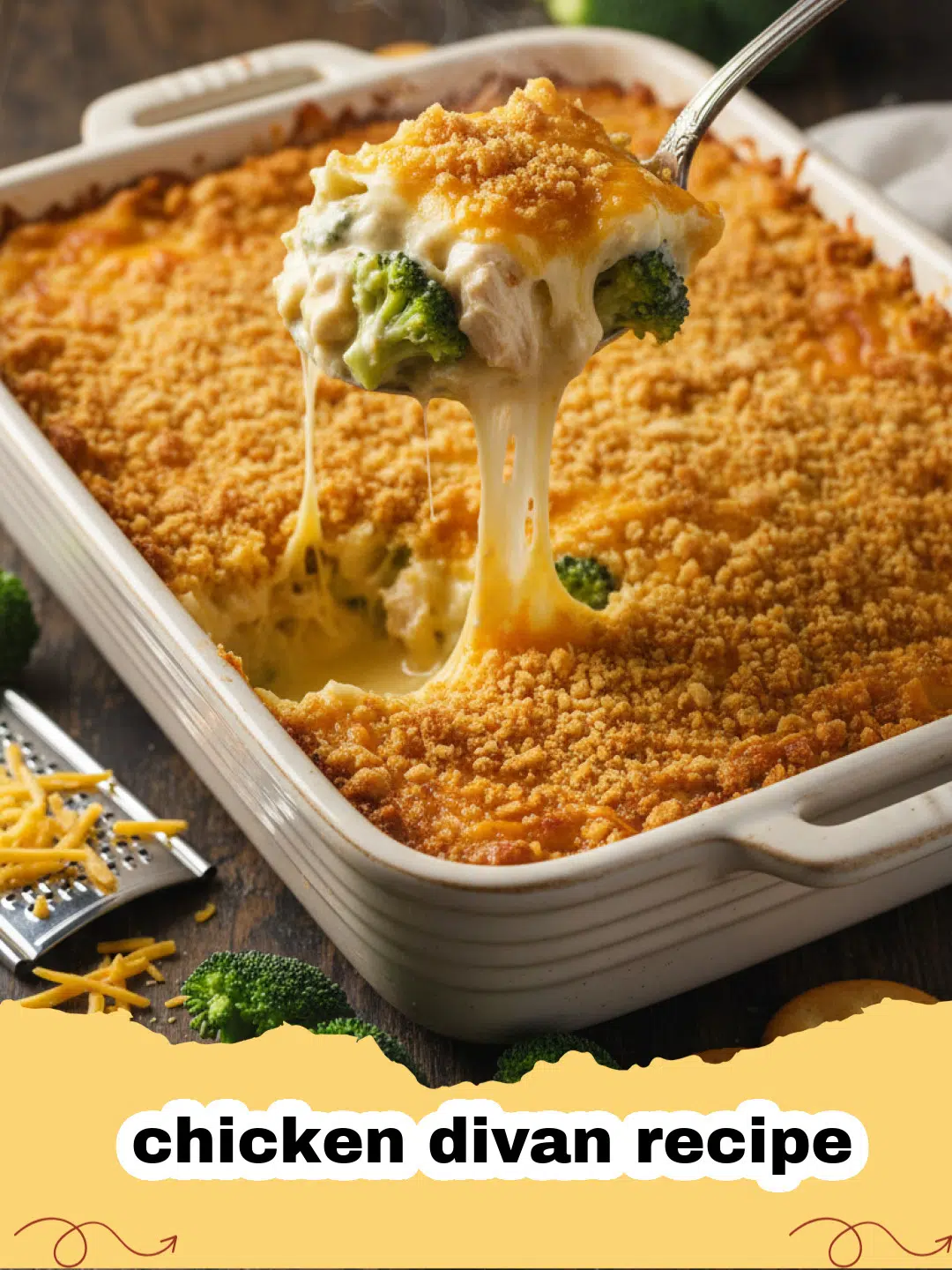 chicken divan recipe - A golden, bubbly classic chicken divan casserole in a white baking dish, topped with melted cheddar cheese and breadcrumbs.