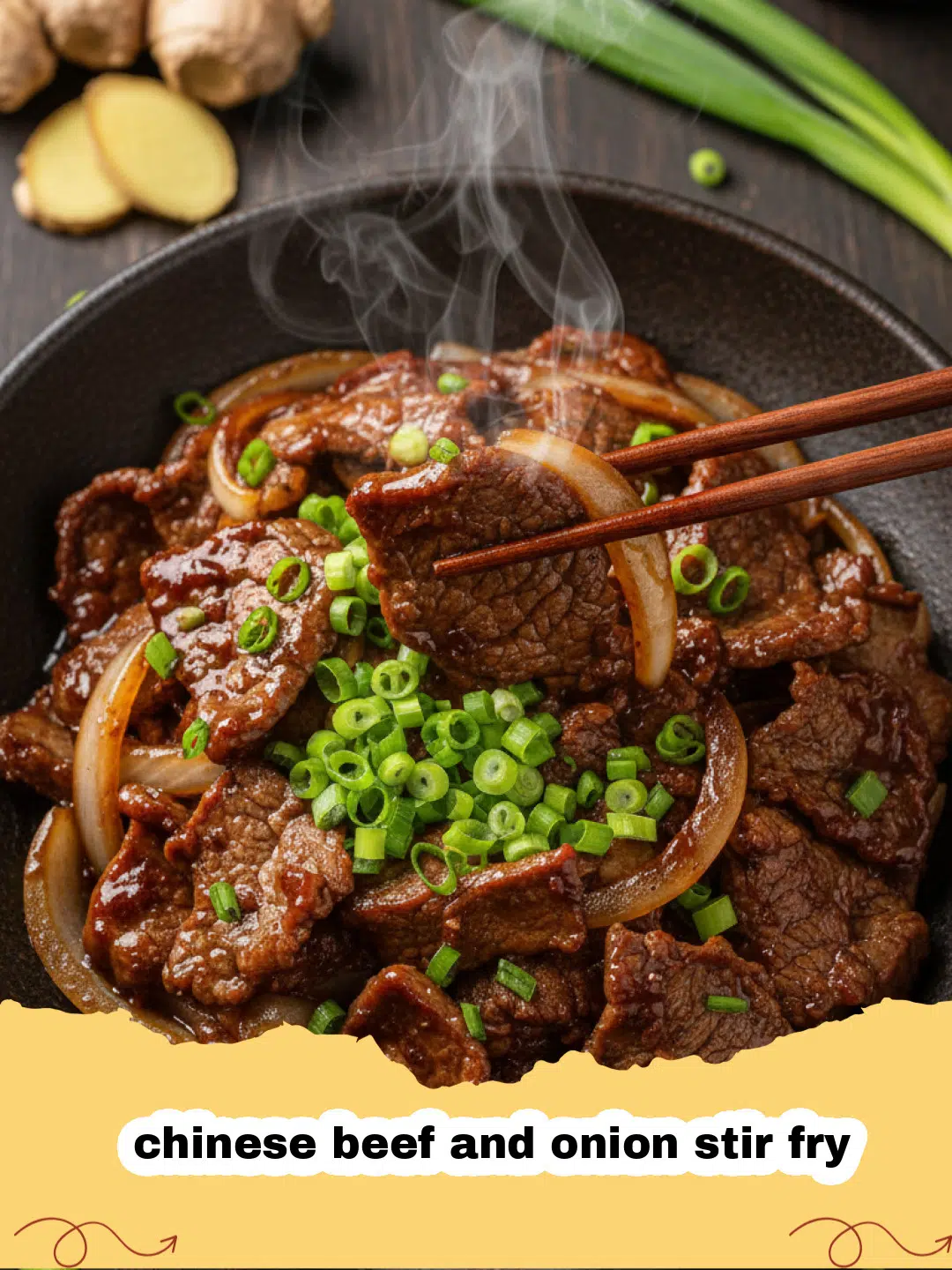 chinese beef and onion stir fry - Close-up of Chinese Beef and Onion Stir Fry with tender beef and caramelized onions, served over rice.