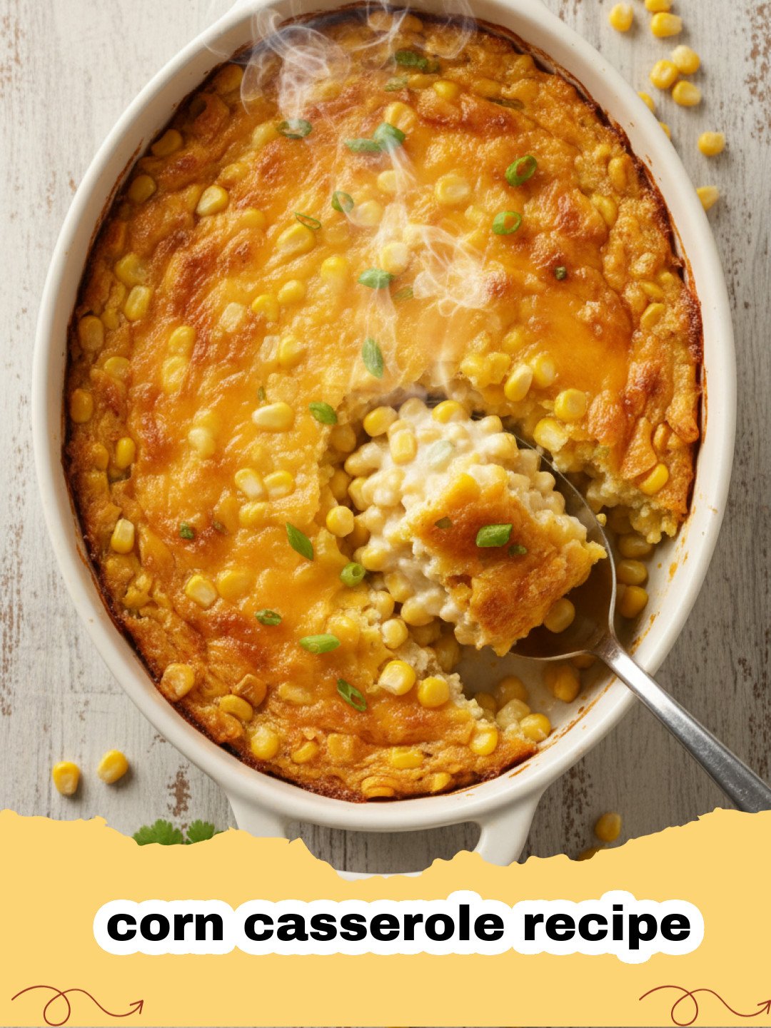 corn casserole recipe - Close-up of a golden brown, creamy corn casserole in a white baking dish, garnished with fresh parsley.