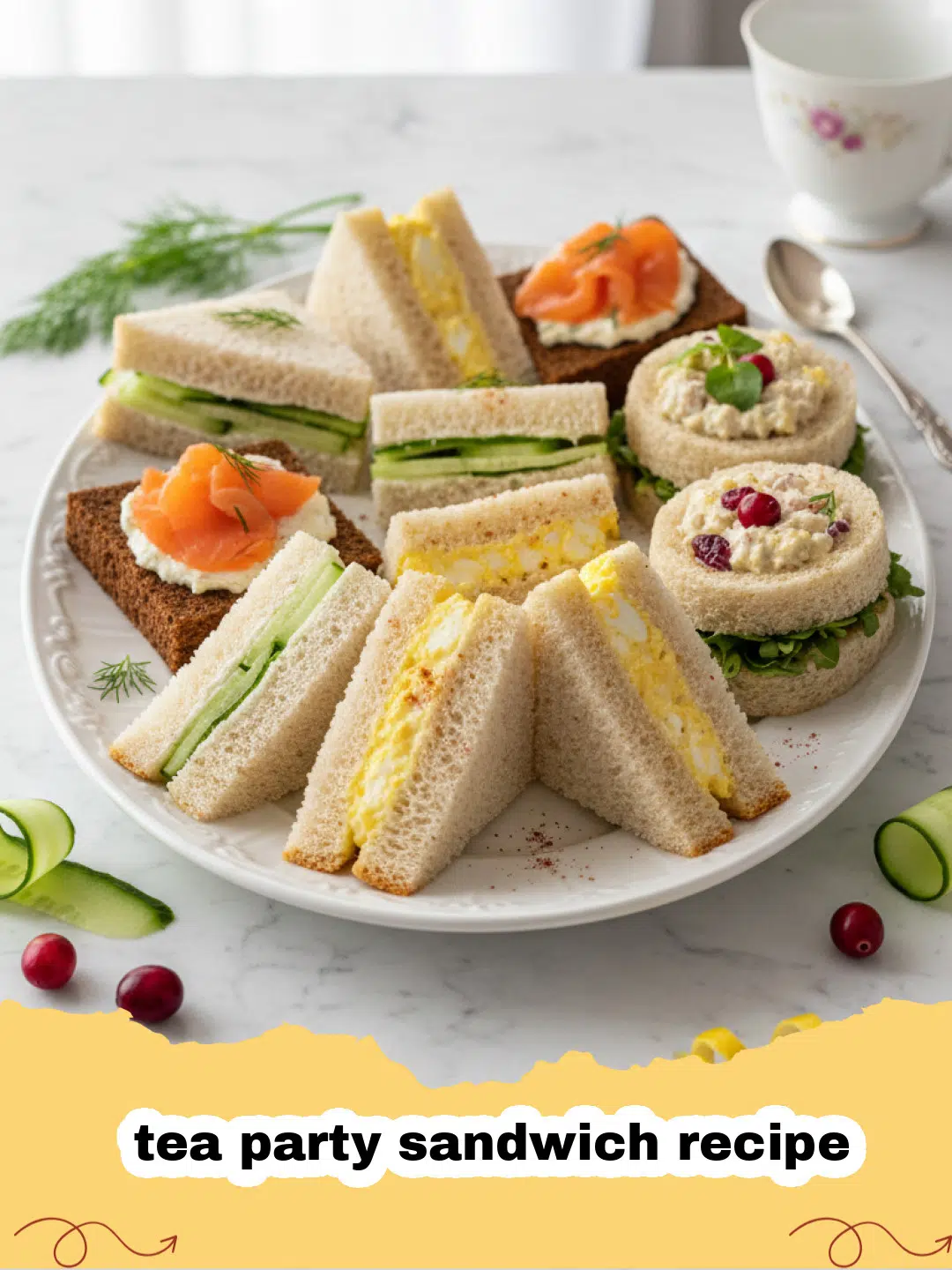 tea party sandwich recipe - Elegant cucumber and dill tea party sandwiches arranged on a white platter with fresh dill sprigs.
