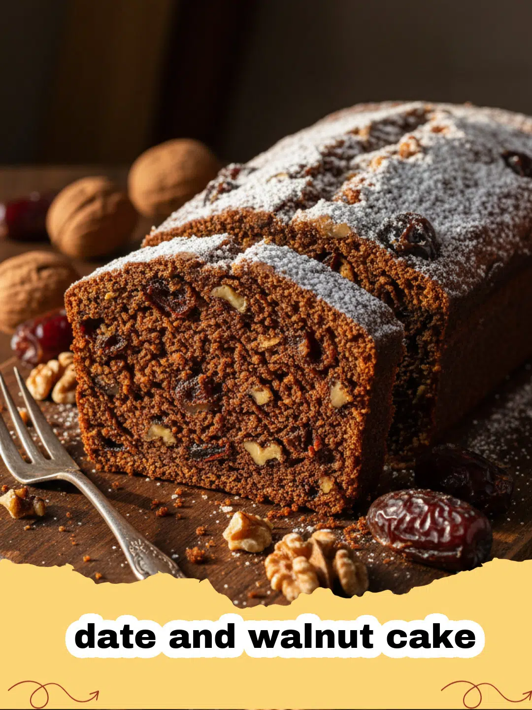 Moist slice of date and walnut cake with walnuts and dates on top, served on a plate.