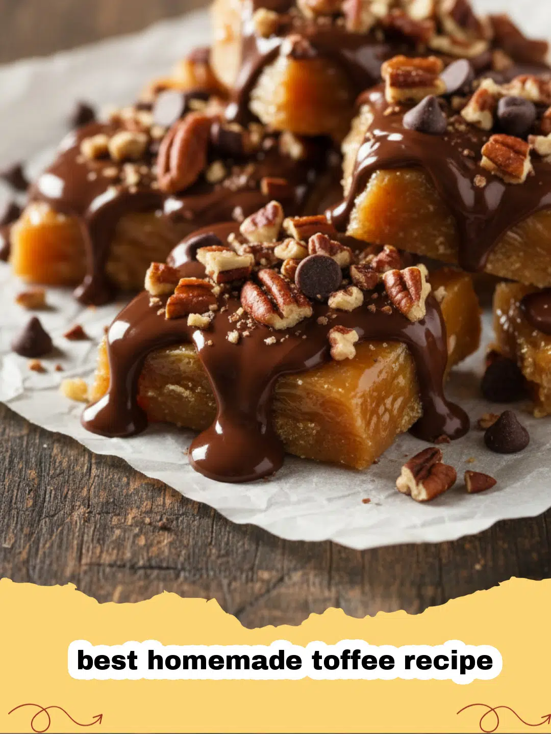 best homemade toffee recipe - Close-up of classic English toffee with chocolate and nuts broken into irregular pieces on a parchment-lined tray.