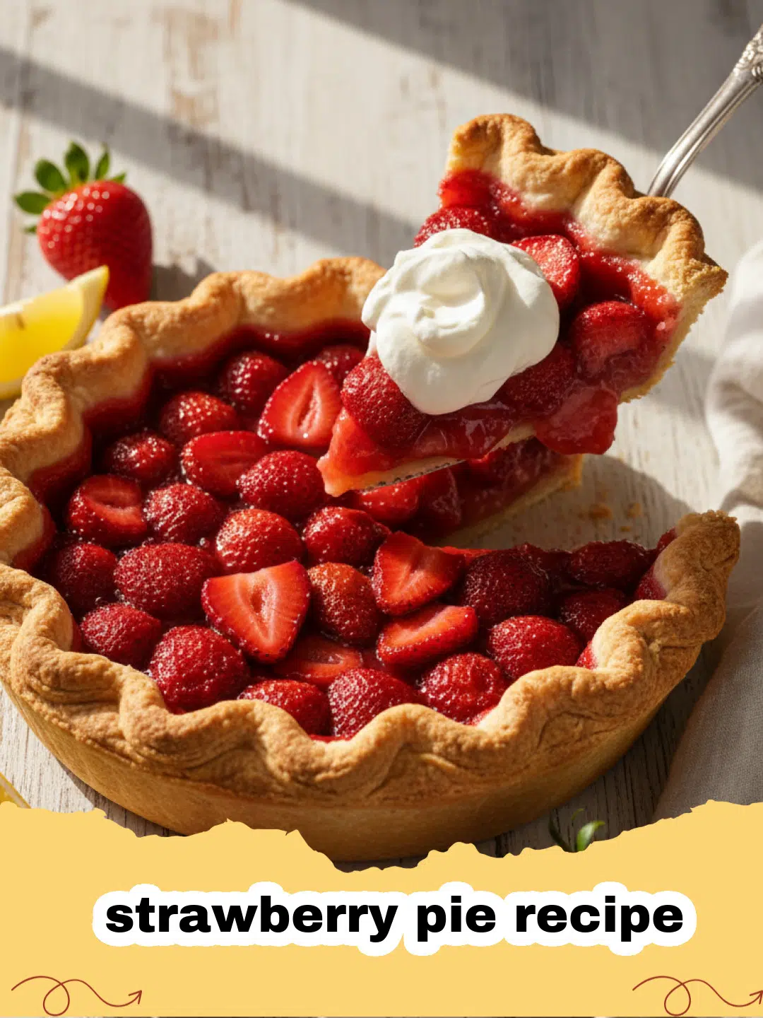 strawberry pie recipe - Slice of classic fresh strawberry pie with a flaky crust and glossy red berry filling on a white plate with a fork.