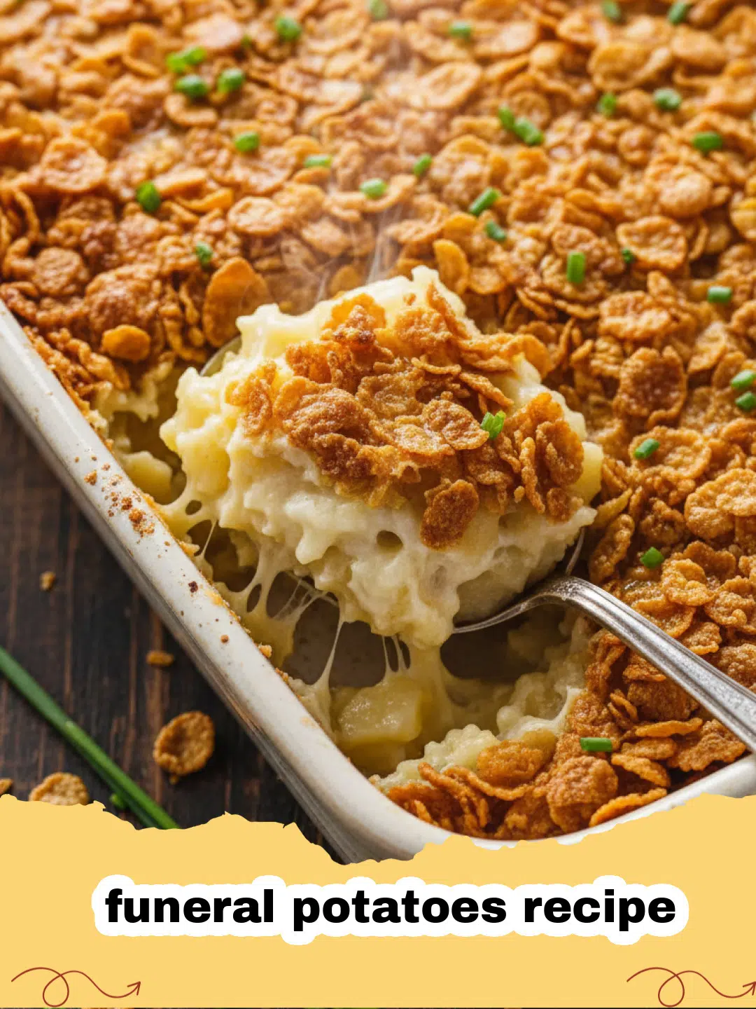 funeral potatoes recipe - A golden-brown, bubbly funeral potatoes casserole in a white baking dish, topped with crispy cornflakes, garnished with fresh parsley.