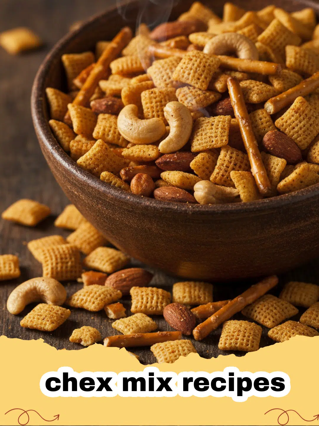 chex mix recipes - A large bowl filled with classic homemade Chex Mix, featuring a savory blend of cereals, pretzels, and nuts.