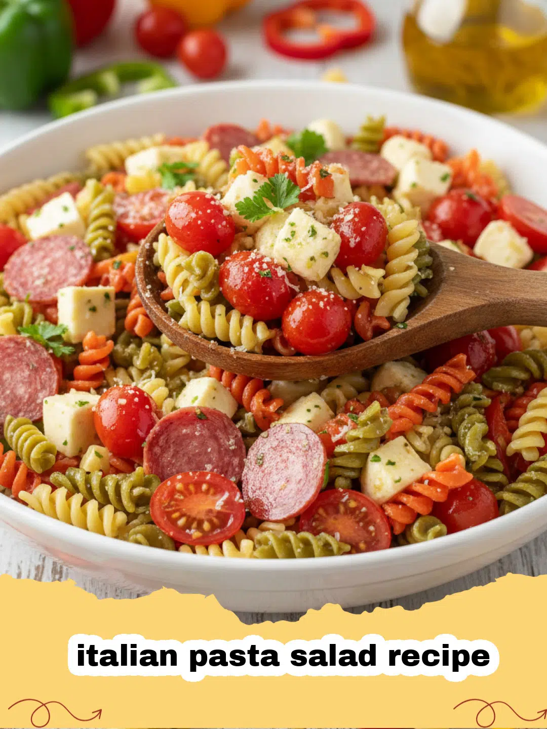 italian pasta salad recipe - Close-up of a colorful Italian pasta salad in a large serving bowl, with fork ready to serve.