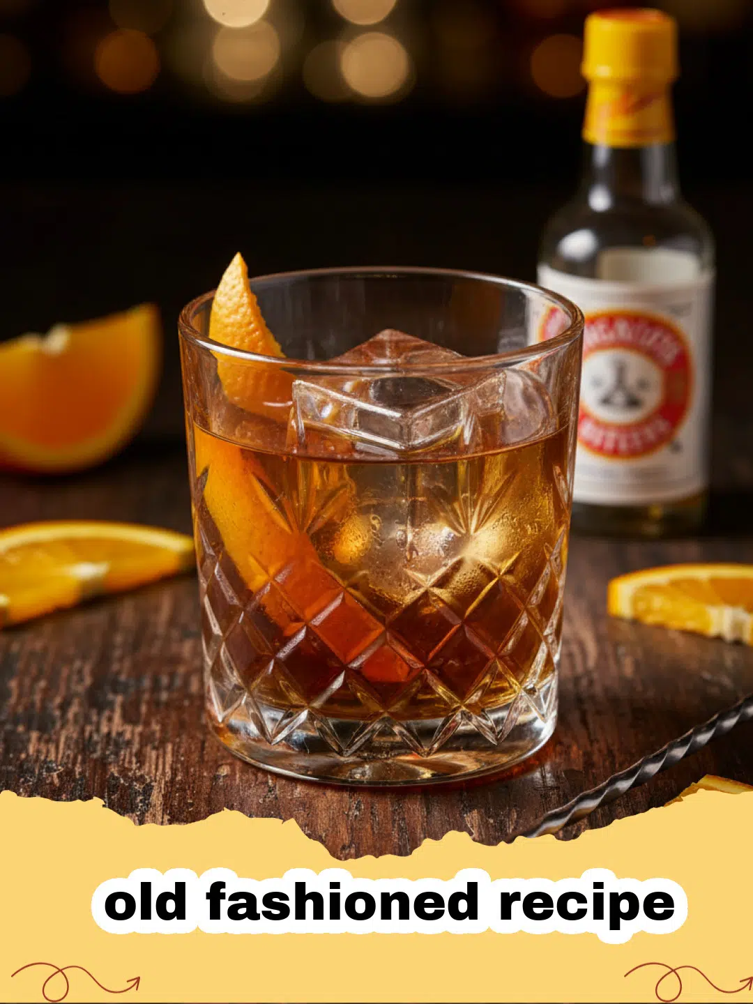 old fashioned recipe - A classic Old Fashioned cocktail in a rocks glass with a large ice cube and orange peel garnish.
