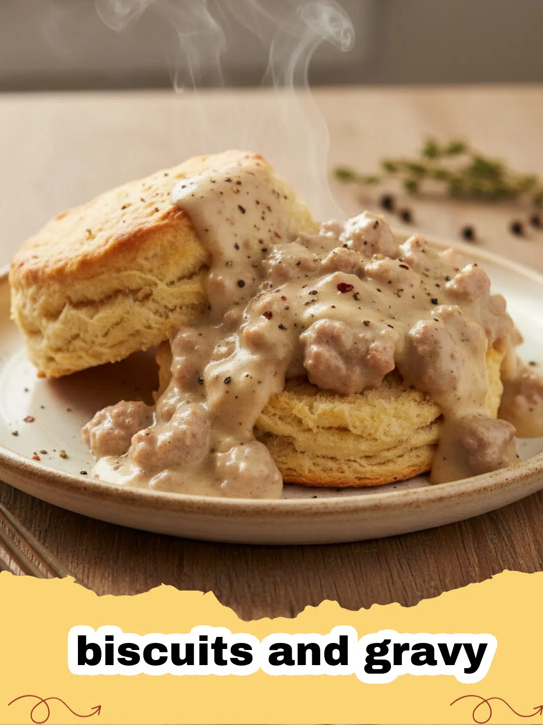 biscuits and gravy - Close-up of golden brown flaky biscuits smothered in creamy sausage gravy on a white plate.