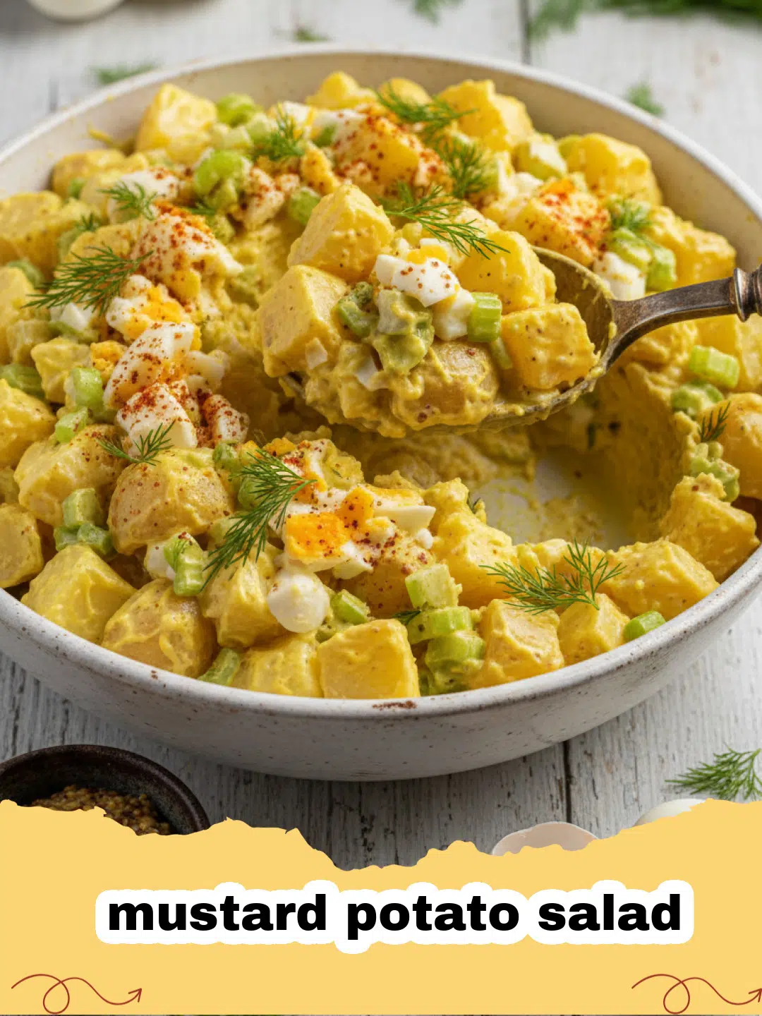 A close-up of classic tangy mustard potato salad in a white bowl, garnished with fresh parsley.