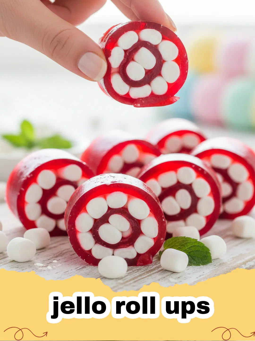 jello roll ups - Vibrant and colorful Jello Roll Ups neatly arranged on a white serving platter, showing the distinct layers of flavored gelatin and creamy white sweetened condensed milk spiraled together.