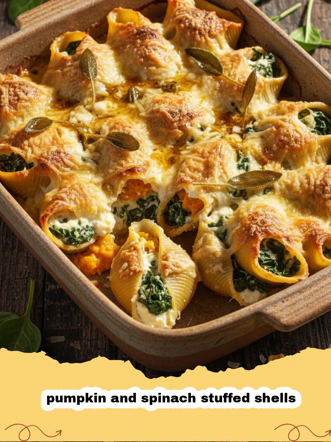 A tray of golden-brown pumpkin and spinach stuffed shells topped with melted mozzarella and fresh herbs.