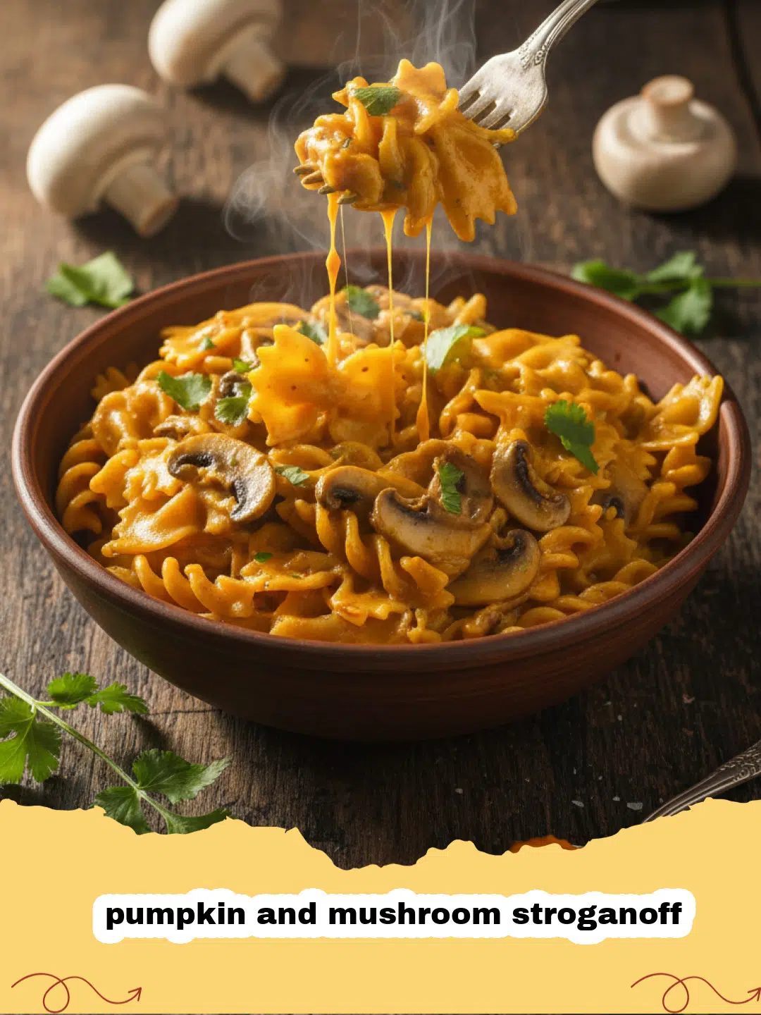 A bowl of creamy pumpkin and mushroom stroganoff over wide noodles with fresh parsley garnish.