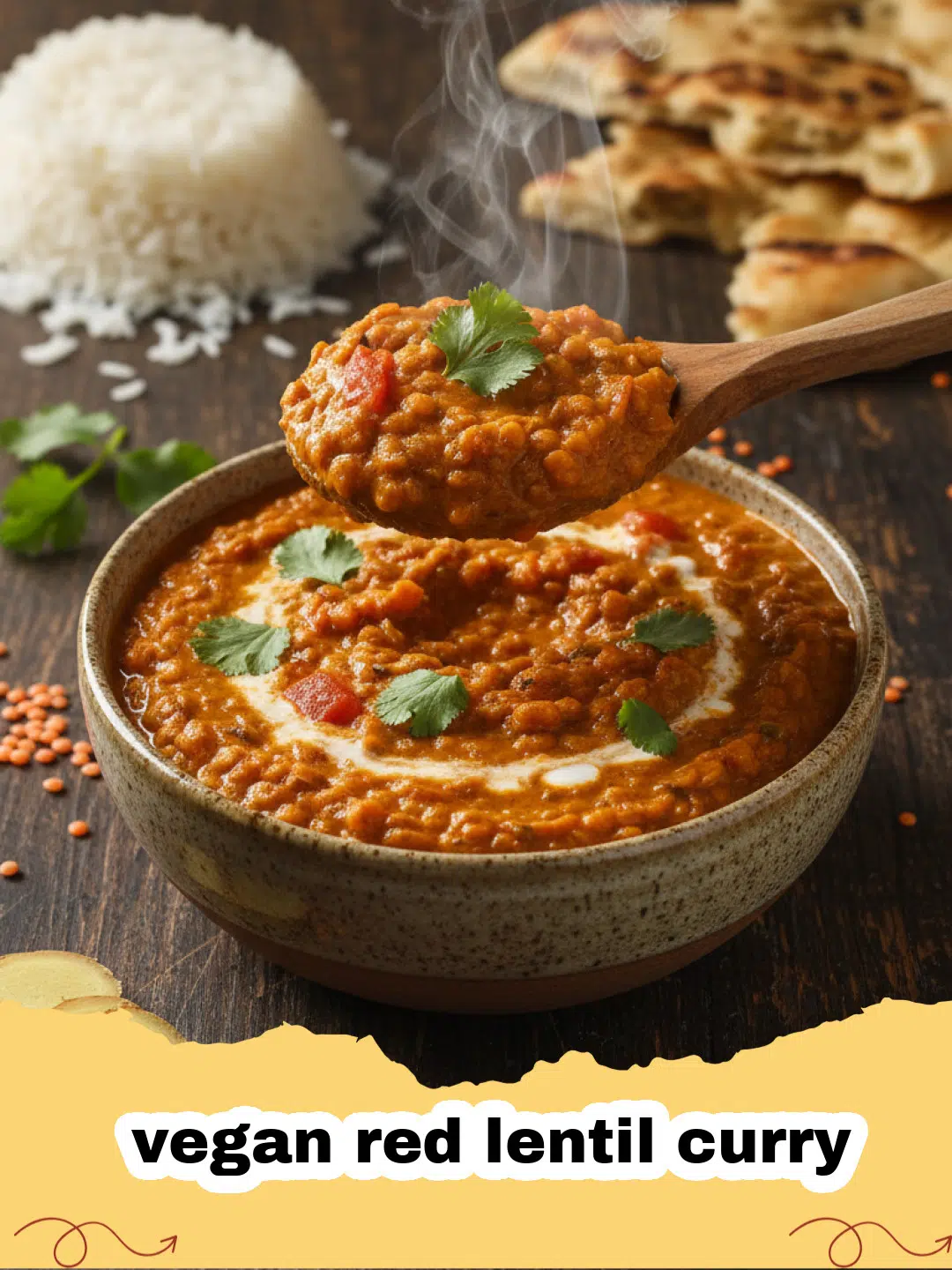 A steaming bowl of vibrant orange vegan red lentil curry garnished with fresh cilantro, served with a side of fluffy white rice.