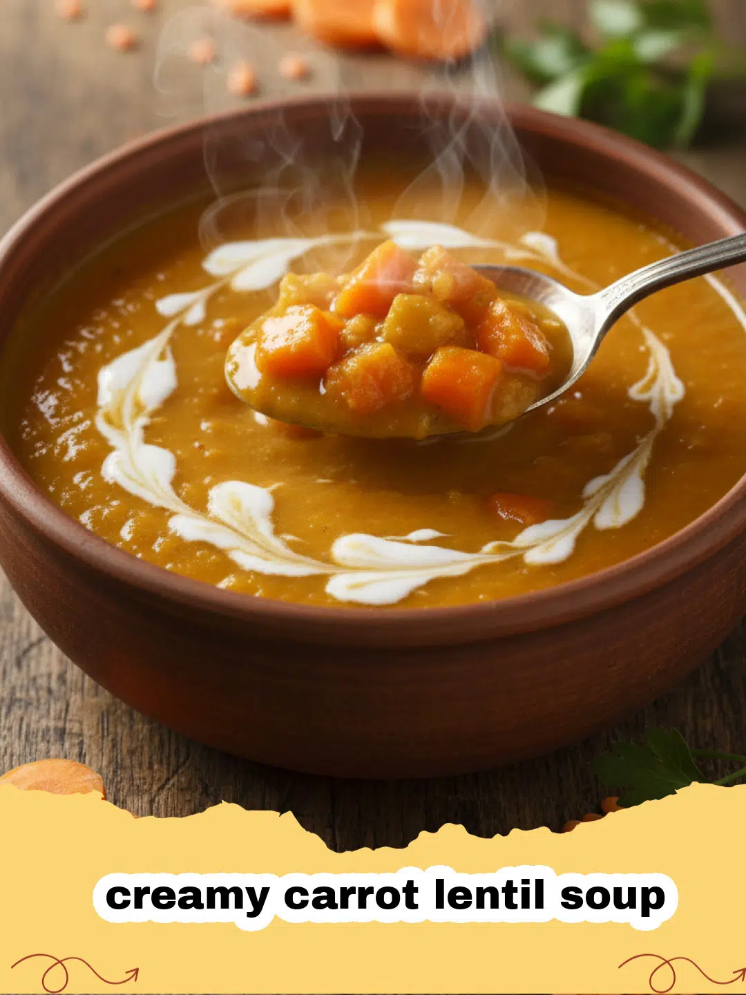 Close-up of a bowl of creamy carrot lentil soup garnished with fresh cilantro.