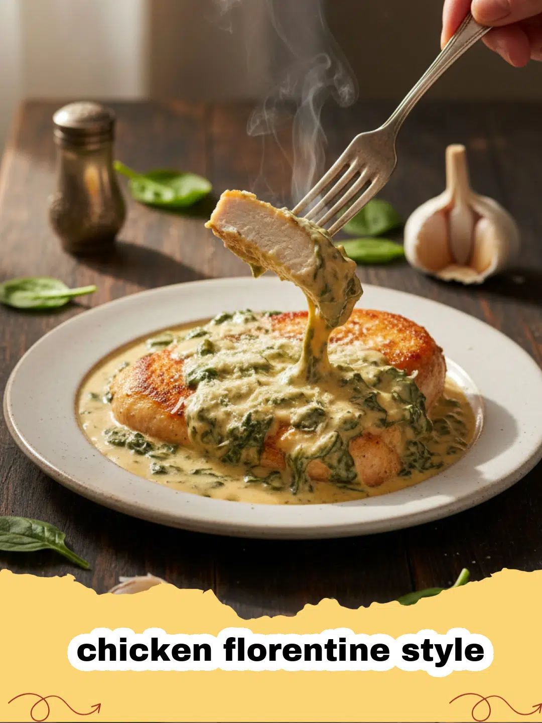 Platter of creamy chicken florentine style with spinach and Parmesan cheese