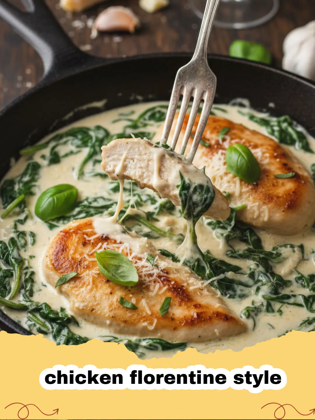 Close up of creamy chicken florentine style with spinach and Parmesan