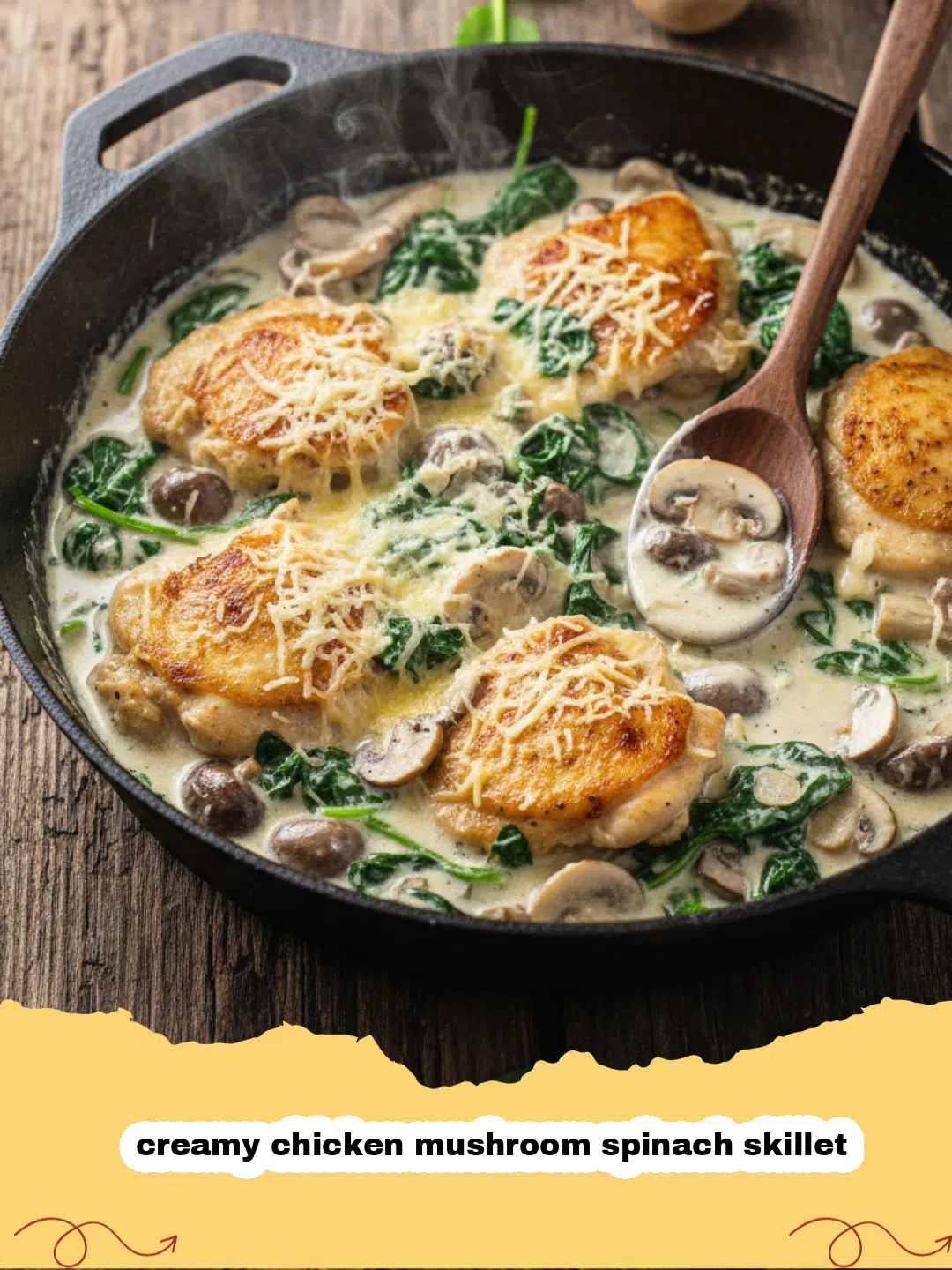A close-up of a creamy chicken mushroom spinach skillet, ready to serve with a garnish of fresh parsley.