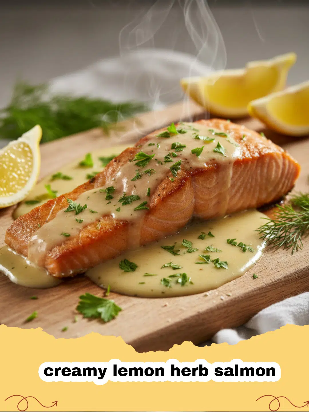 Close-up of a perfectly cooked creamy lemon herb salmon fillet with sauce and fresh herbs.
