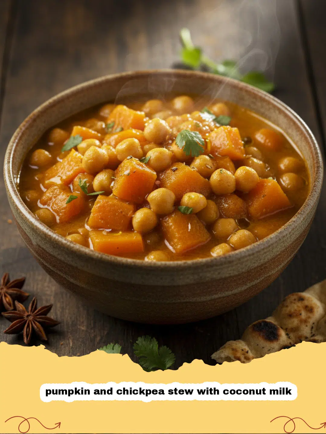 A steaming bowl of pumpkin and chickpea stew with coconut milk garnished with cilantro and lime.
