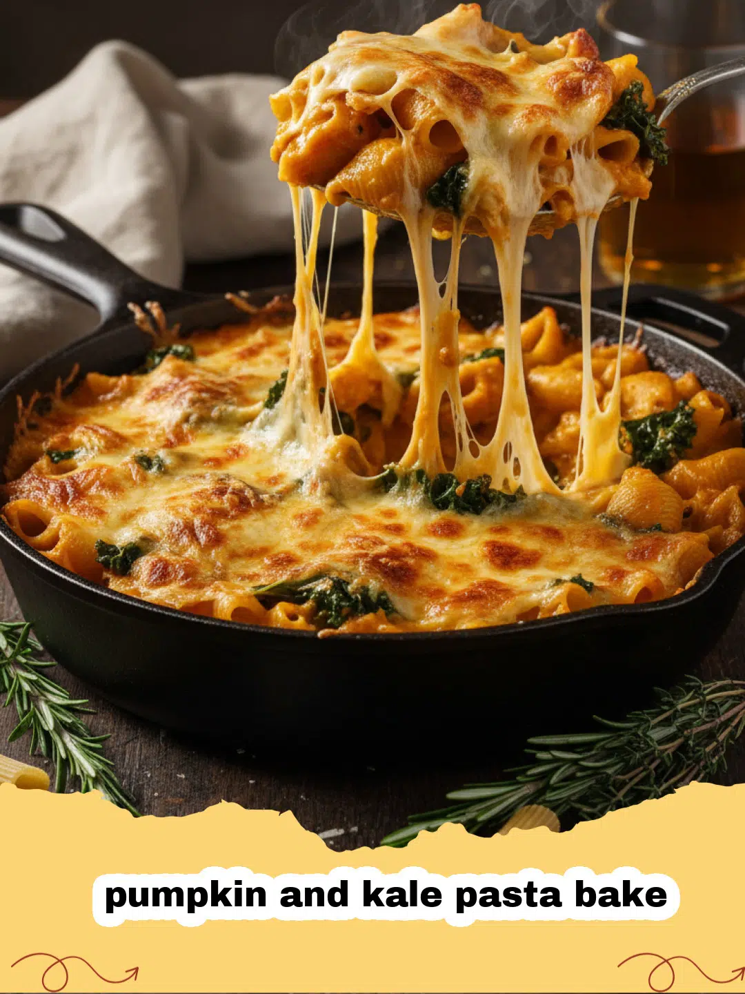 A close-up shot of a golden-brown pumpkin and kale pasta bake in a ceramic dish.