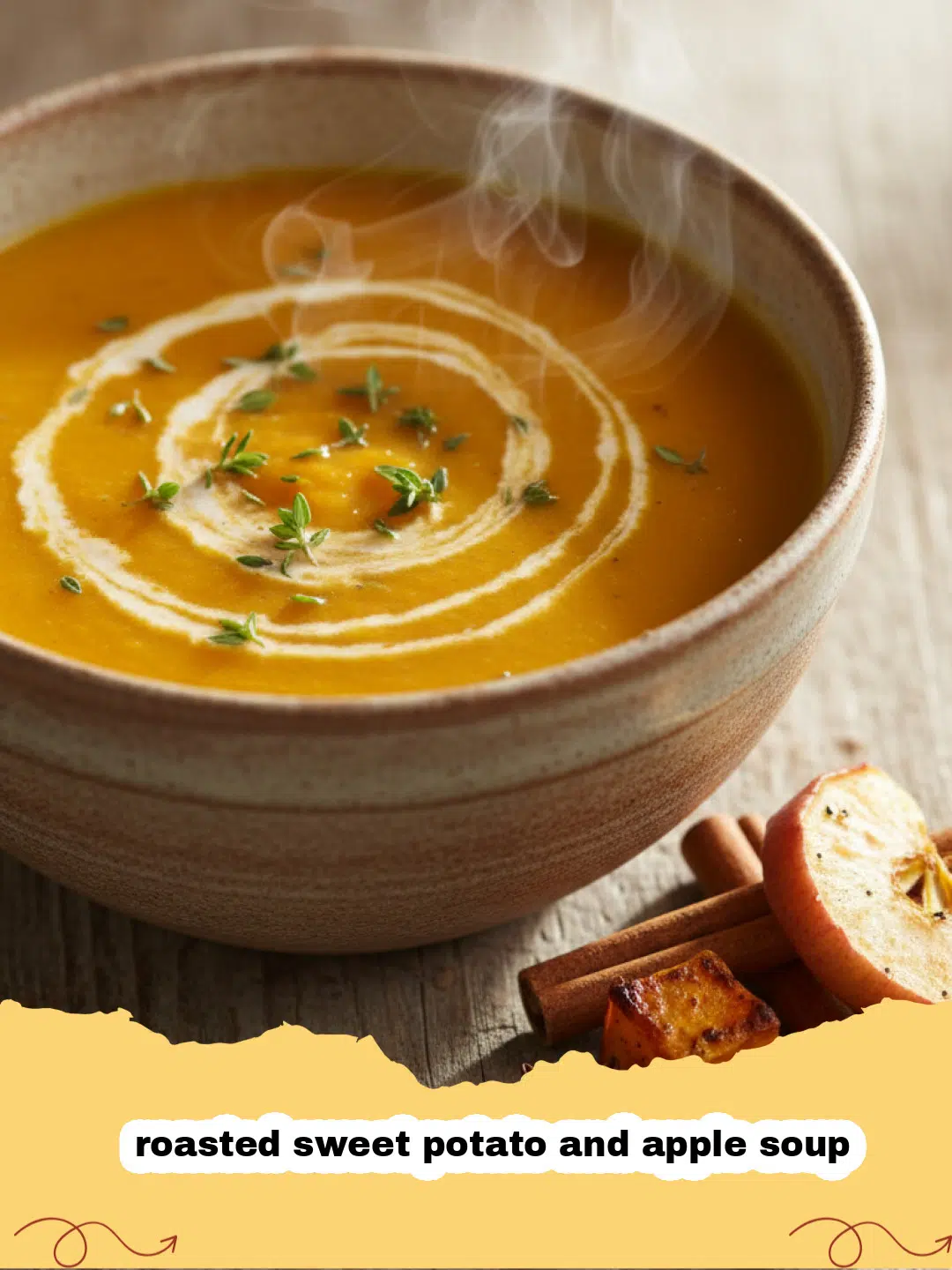 A steaming bowl of roasted sweet potato and apple soup topped with fresh sage and a drizzle of cream.