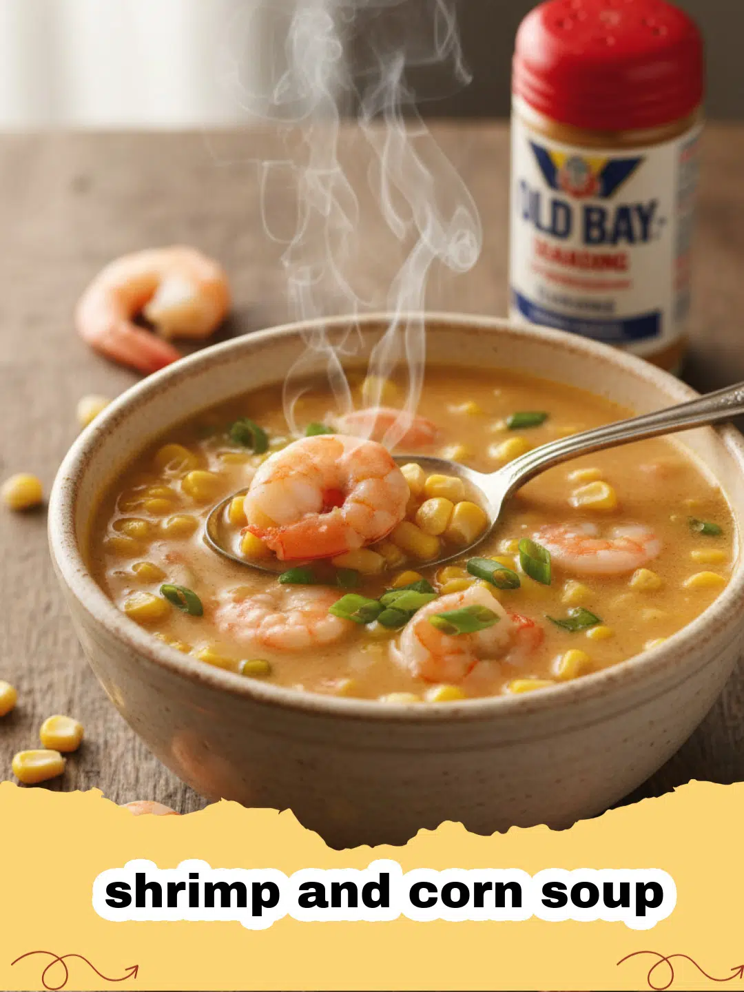Bowl of creamy shrimp and corn soup garnished with fresh parsley