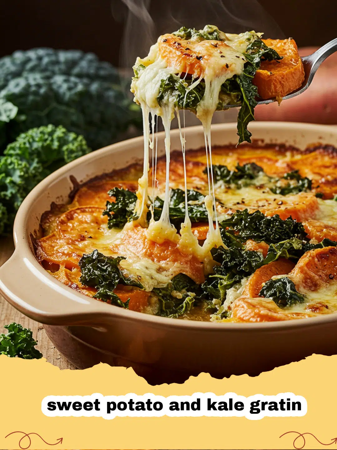 A golden-brown sweet potato and kale gratin in a ceramic baking dish, showing layers of orange potatoes and dark green kale.
