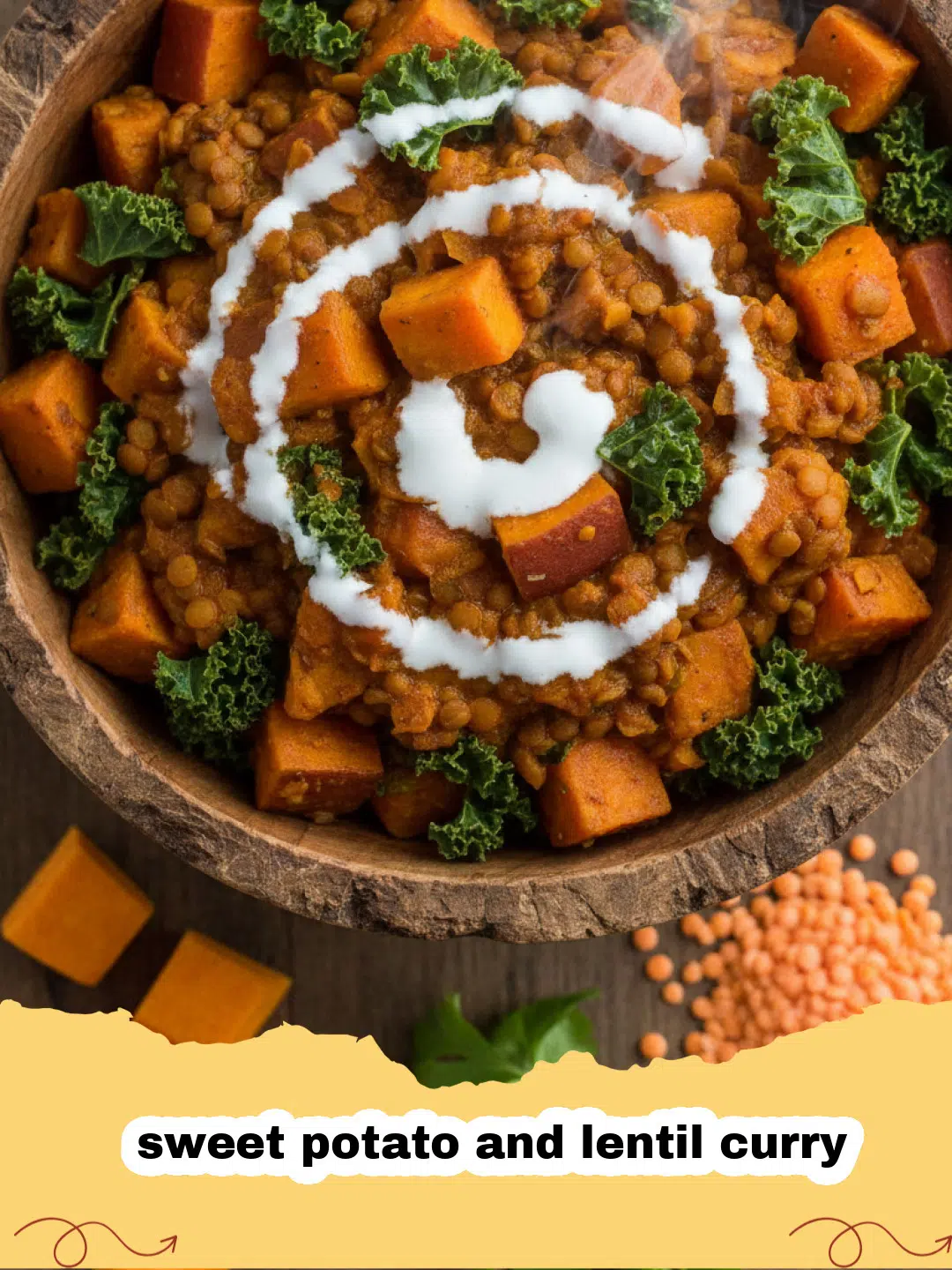 A steaming bowl of sweet potato and lentil curry garnished with cilantro and lime