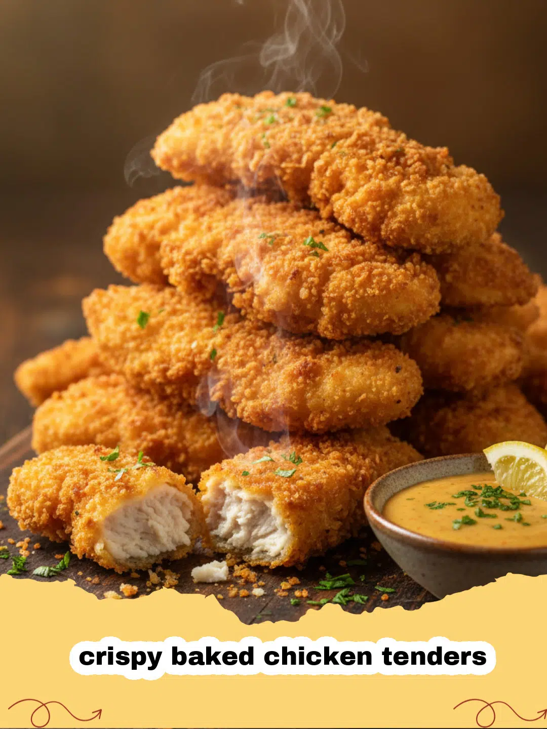 Close-up of golden brown crispy baked chicken tenders on a wire rack with dipping sauce in the background.