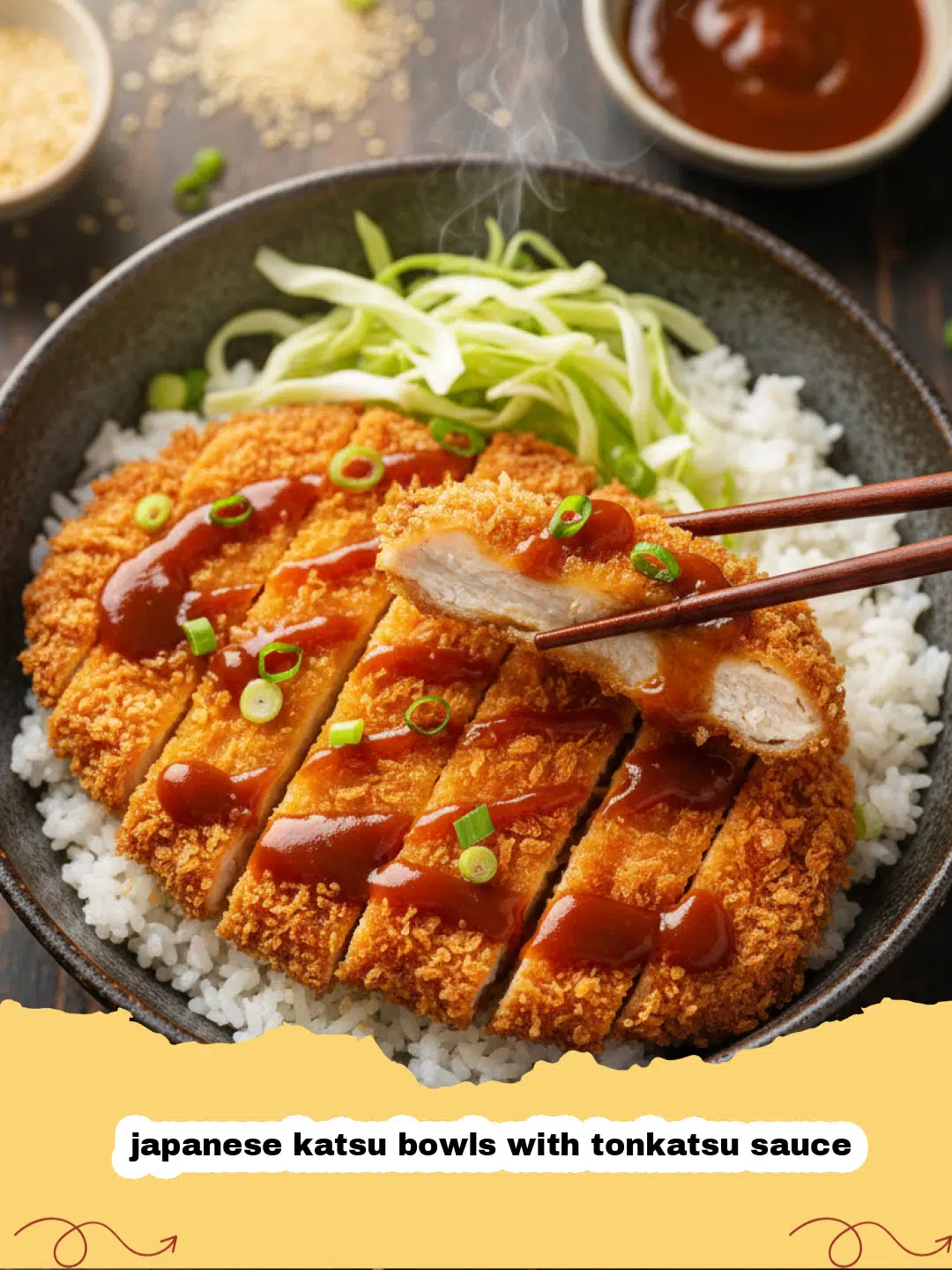 japanese katsu bowls with tonkatsu sauce - A perfectly assembled Japanese Katsu Bowl with crispy chicken, rice, and Tonkatsu sauce.