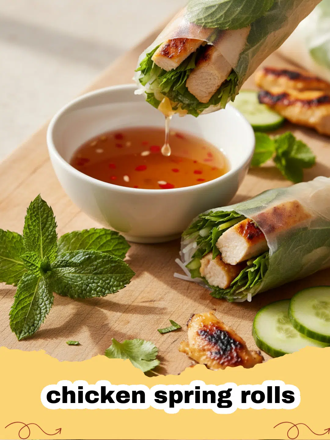 Pile of golden crispy chicken spring rolls on a plate with dipping sauce