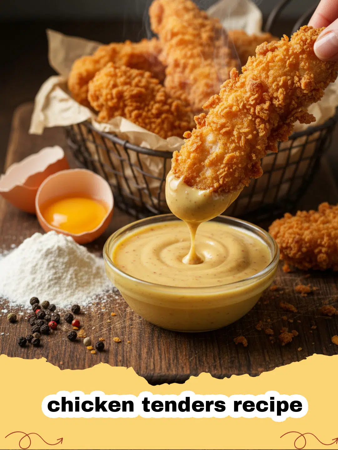 chicken tenders recipe - Platter of golden crispy homemade chicken tenders with dipping sauces