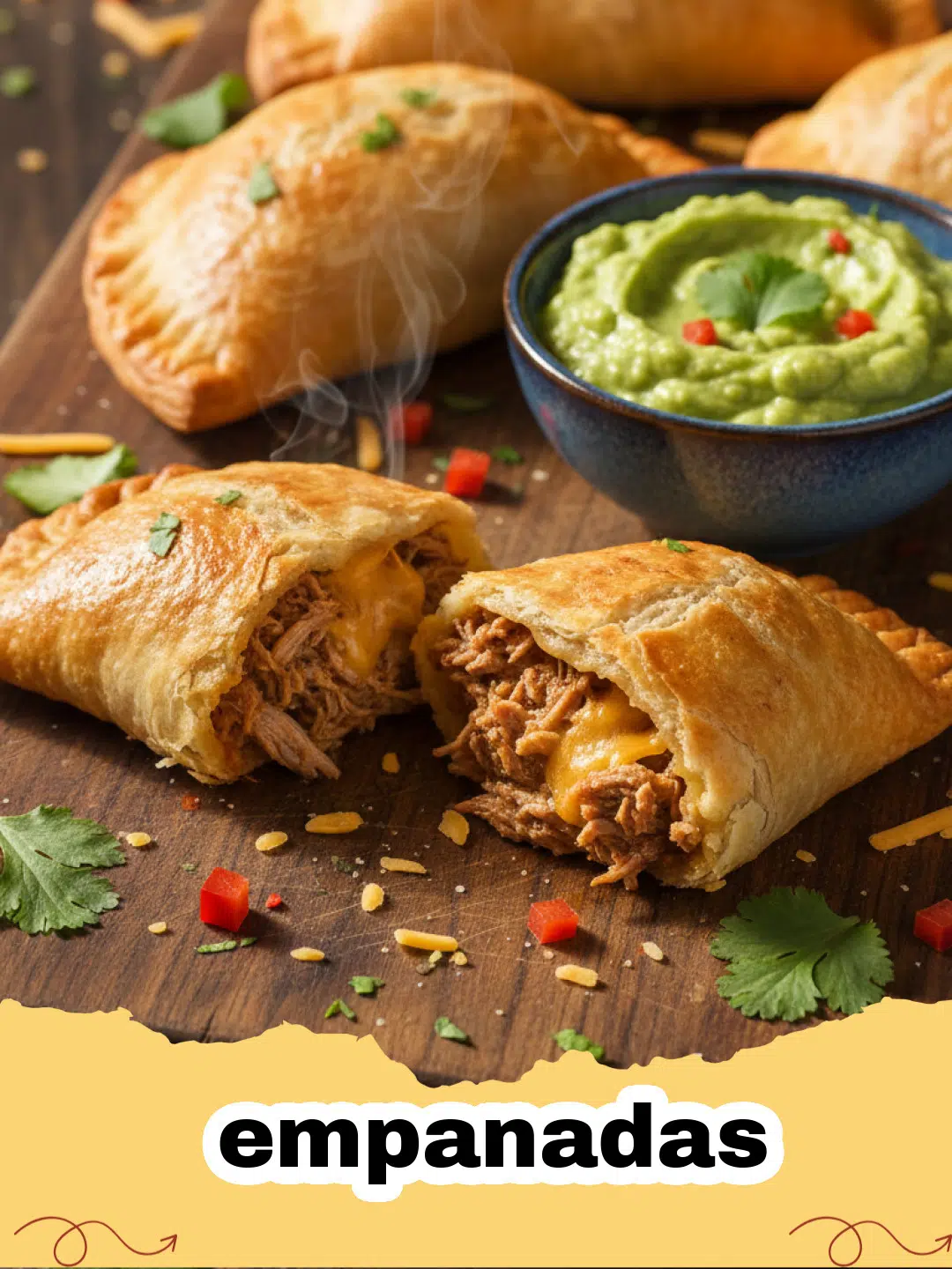 Golden brown beef empanadas on a wire rack with a side of dipping sauce.