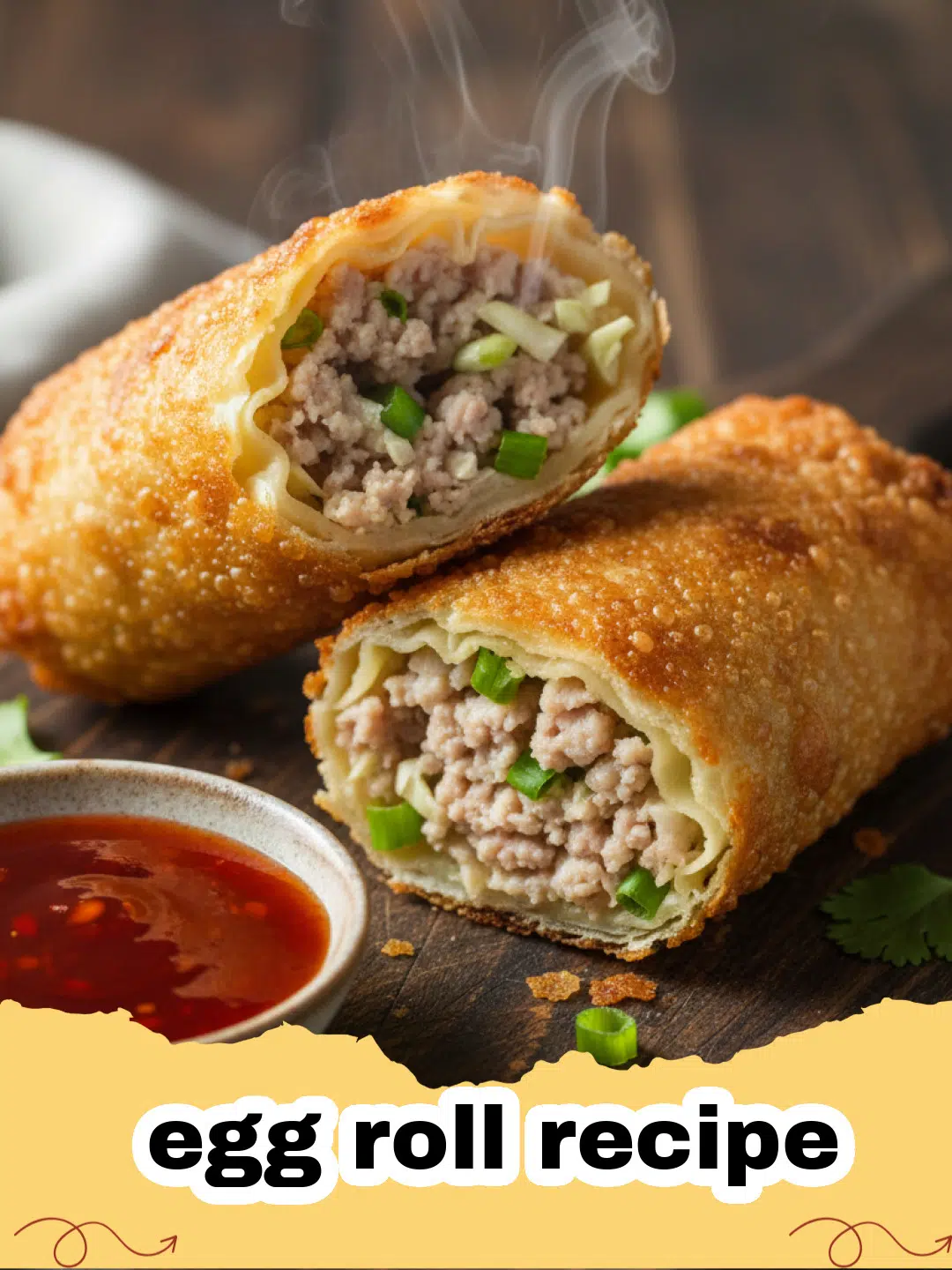 egg roll recipe - Golden brown crispy homemade egg rolls on a wire rack with dipping sauce.
