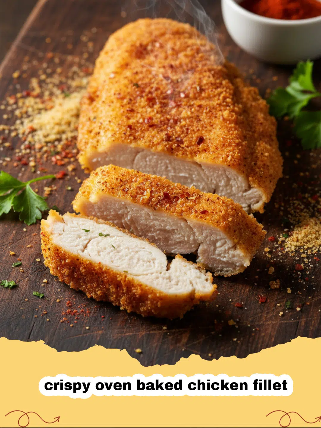 Golden brown and crispy oven baked chicken fillet on a baking sheet, ready to be served.