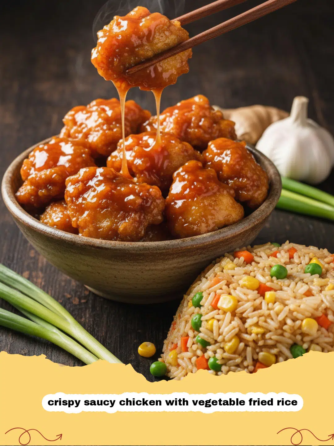 crispy saucy chicken with vegetable fried rice - Close-up of crispy saucy chicken with colorful vegetable fried rice on a plate, garnished with green onions and sesame seeds.