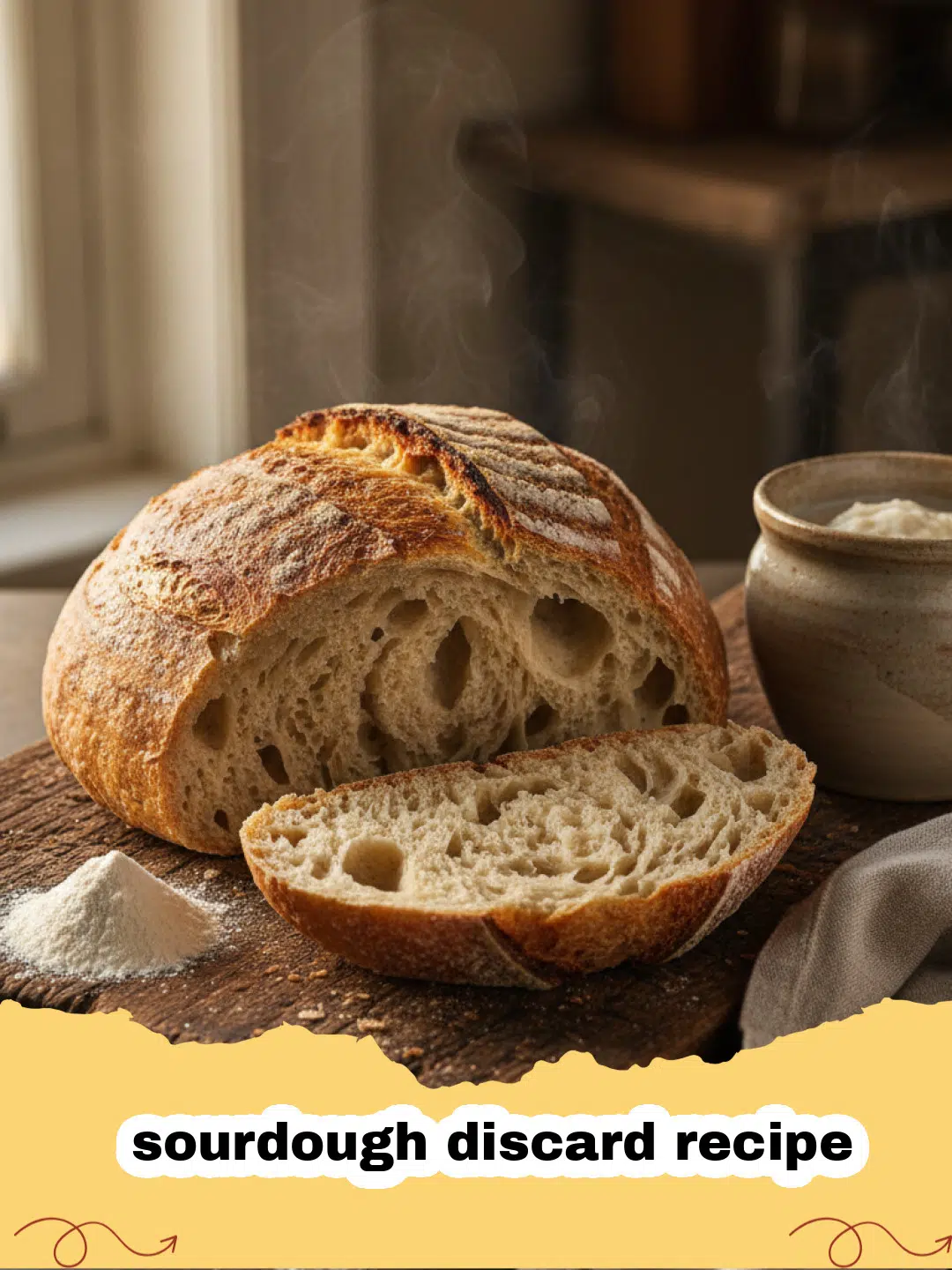 sourdough discard recipe - Pile of golden-brown crispy sourdough discard crackers on a wooden board with a bowl of dip.
